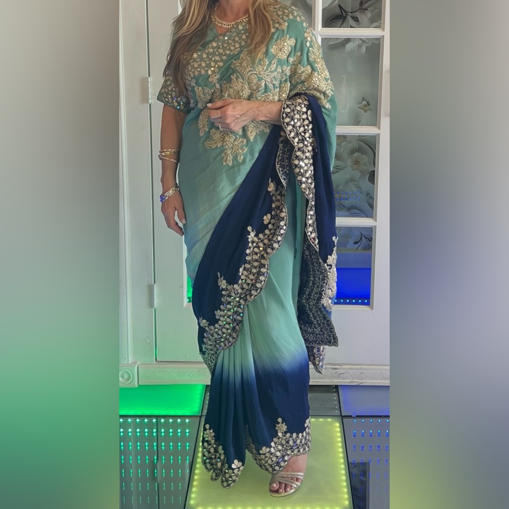 Indian Saree, ombré blue and turquoise with gold beading/details.